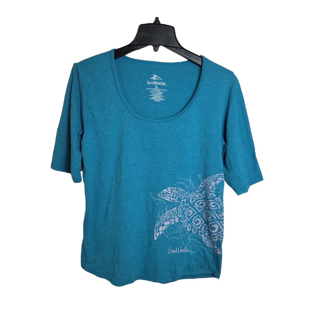 Sea World Blue Tortoise Print Scoop Neck Short Sleeve Top‎ Women's Size Large